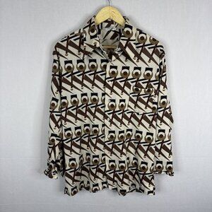 Vintage Woodwards Sure-Press Geometric Shirt Brown Cream Womens M 70s Disco
